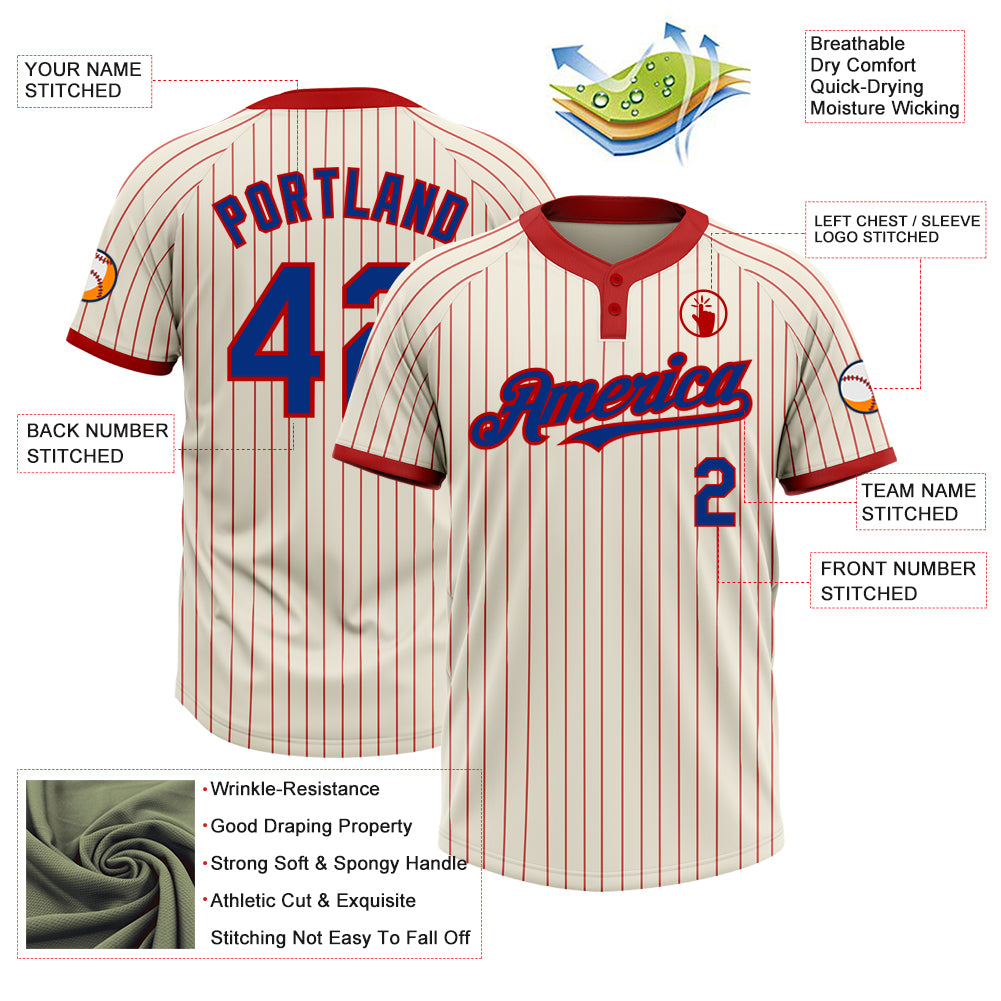 Personalized Unisex Softball Jersey - Cream Red Pinstripe Two-Button Design Personalized Cream Red Pinstripe Royal Two-Button - Image 3