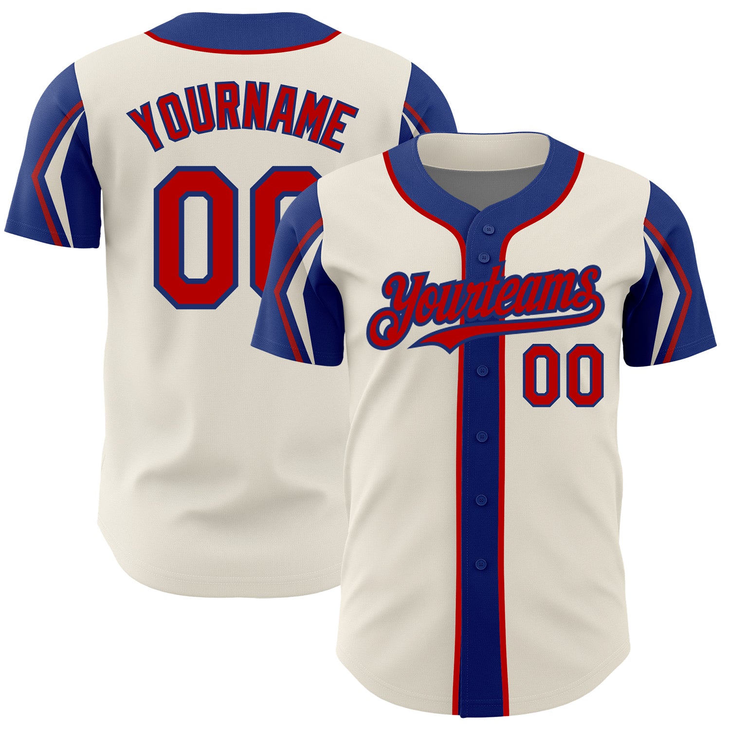 Personalized Custom Name and Number Baseball Jersey in Cream Red-Royal 3 Colors with Arm Shapes Personalized Cream Red-Royal