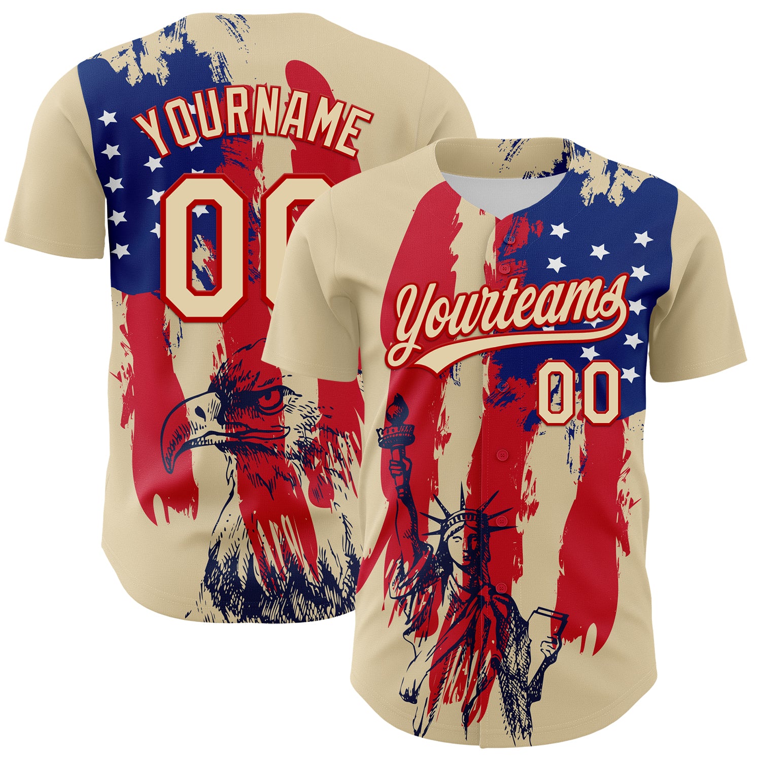 Personalized 3D American Eagle Baseball Jersey in Cream Red-Royal with Stars Personalized Cream Red-Royal 3D American Spirit