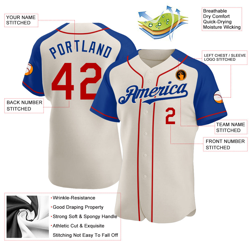 Personalized Cream Red-Royal Authentic Raglan Sleeves Baseball Jersey Custom Cream Red-Royal Baseball Jersey with Authentic Raglan Sleeves Personalized Cream Red-Royal Authentic Raglan Sleeves - Image 3
