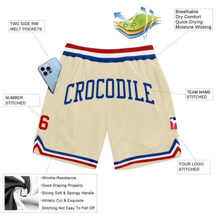 Custom Name and Number Authentic Throwback Basketball Shorts - Personalized Cream Red-Royal Team Apparel Personalized Cream