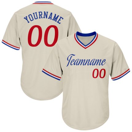 Personalized Red-Royal Authentic Throwback Baseball Jersey Shirt - Cream Rib-Knit Design Personalized Cream Red-Royal Authentic