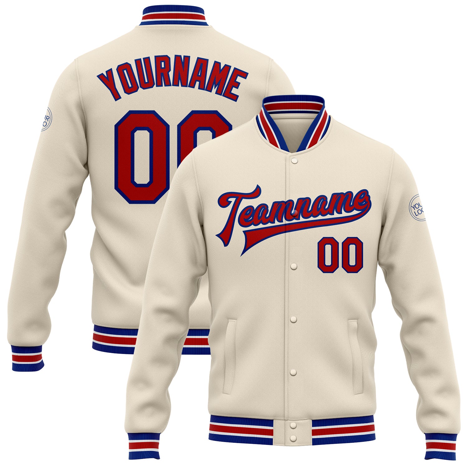 Personalized Red-Royal Cream Varsity Letterman Bomber Jacket - Full-Snap Design Personalized Cream Red-Royal Bomber Full-Snap