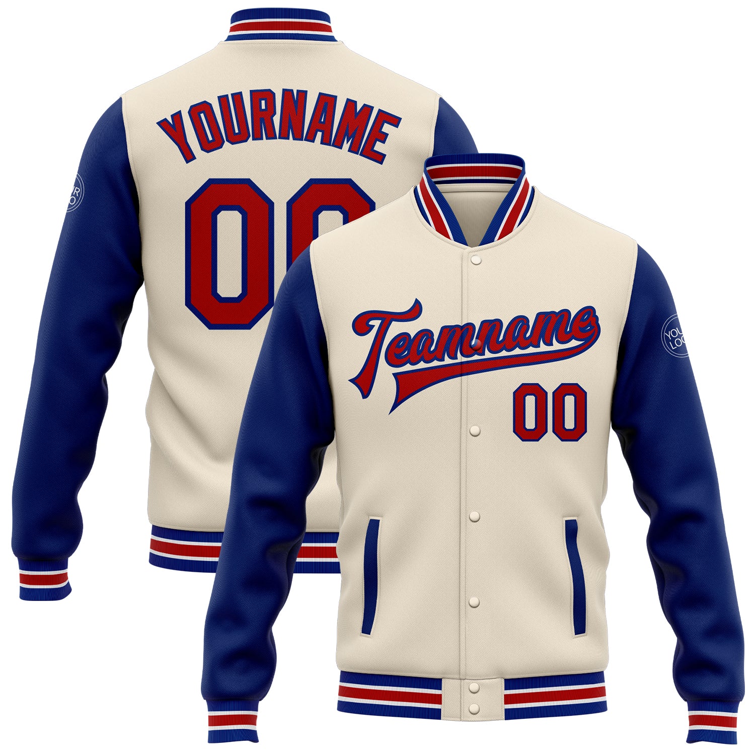 Custom Two Tone Varsity Letterman Jacket with Personalized Name & Number - Cream Red-Royal Full-Snap Bomber Personalized