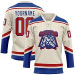 Personalized Red-Royal Hockey Jersey with Cream Lace Neck, Custom Sports Apparel Personalized Cream Red-Royal Hockey Lace