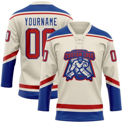 Personalized Red-Royal Hockey Jersey with Cream Lace Neck, Custom Sports Apparel Personalized Cream Red-Royal Hockey Lace