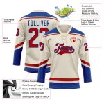Personalized Red-Royal Hockey Jersey with Cream Lace Neck, Custom Sports Apparel Personalized Cream Red-Royal Hockey Lace