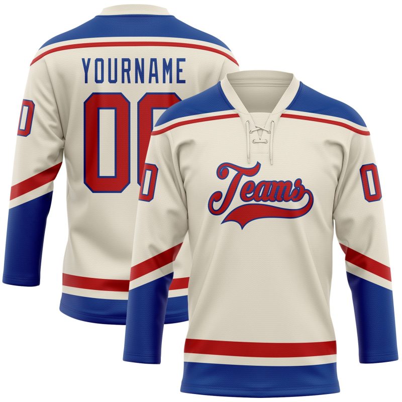 Custom Red-Royal Hockey Lace Neck Jersey with Personalized Team Name and Number Personalized Cream Red-Royal Hockey Lace