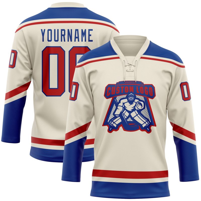 Custom Red-Royal Hockey Lace Neck Jersey with Personalized Team Name and Number Personalized Cream Red-Royal Hockey Lace