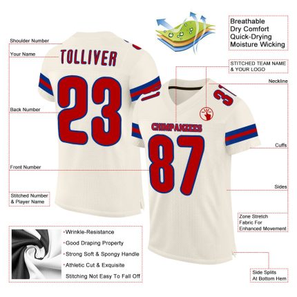 Custom Red Royal Mesh Football Jersey - Personalized Authentic Design Personalized Cream Red-Royal Mesh Authentic Football
