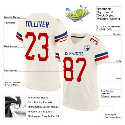 Custom Personalized Red-Royal Cream Football Jersey with Team Name and Number - Authentic Mesh Design Personalized Cream