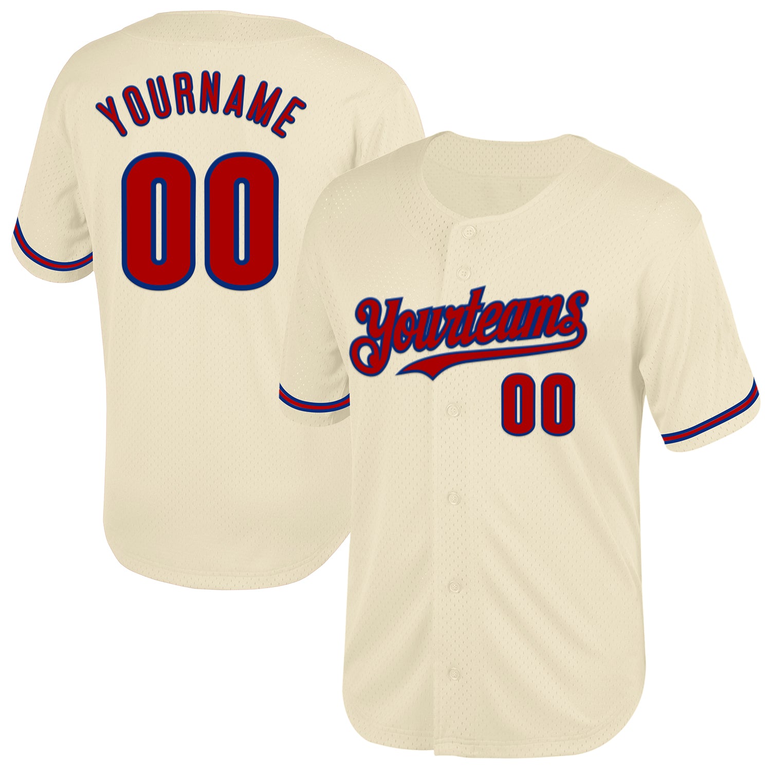Personalized Red-Royal Mesh Baseball Jersey - Authentic Throwback Style Personalized Cream Red-Royal Mesh Authentic Throwback
