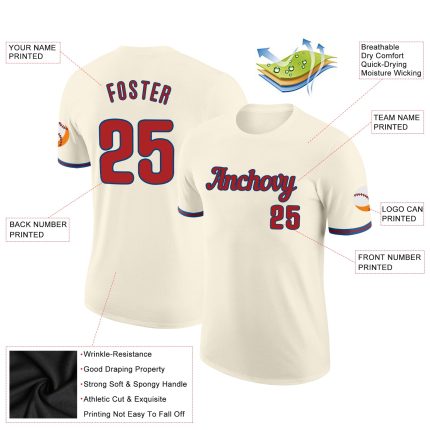 Custom Team Name & Number Red-Royal Performance T-Shirt - Personalized Cream Tee for Sports and Activities Personalized Cream