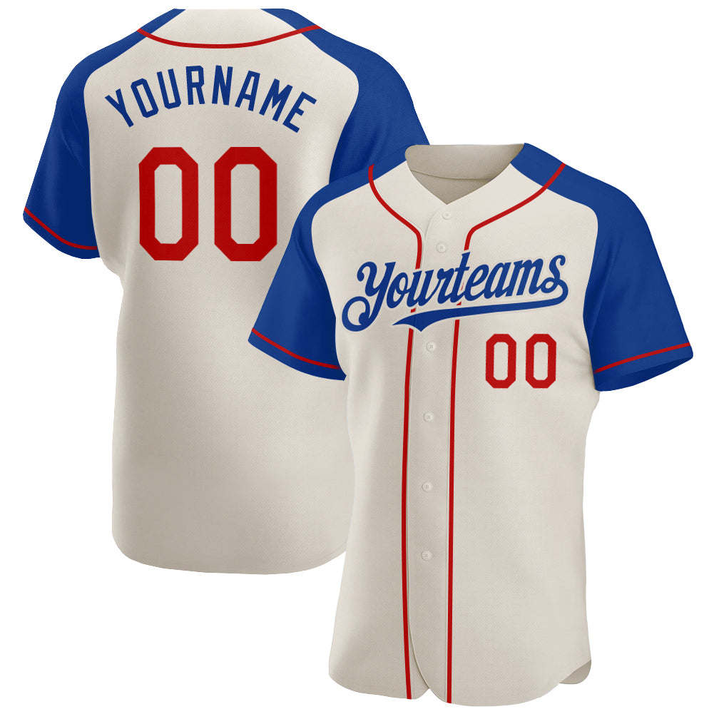 Personalized Red-Royal Baseball Jersey with Cream Raglan Sleeves 2 Personalized Cream Red-Royal Raglan Sleeves Baseball Jersey