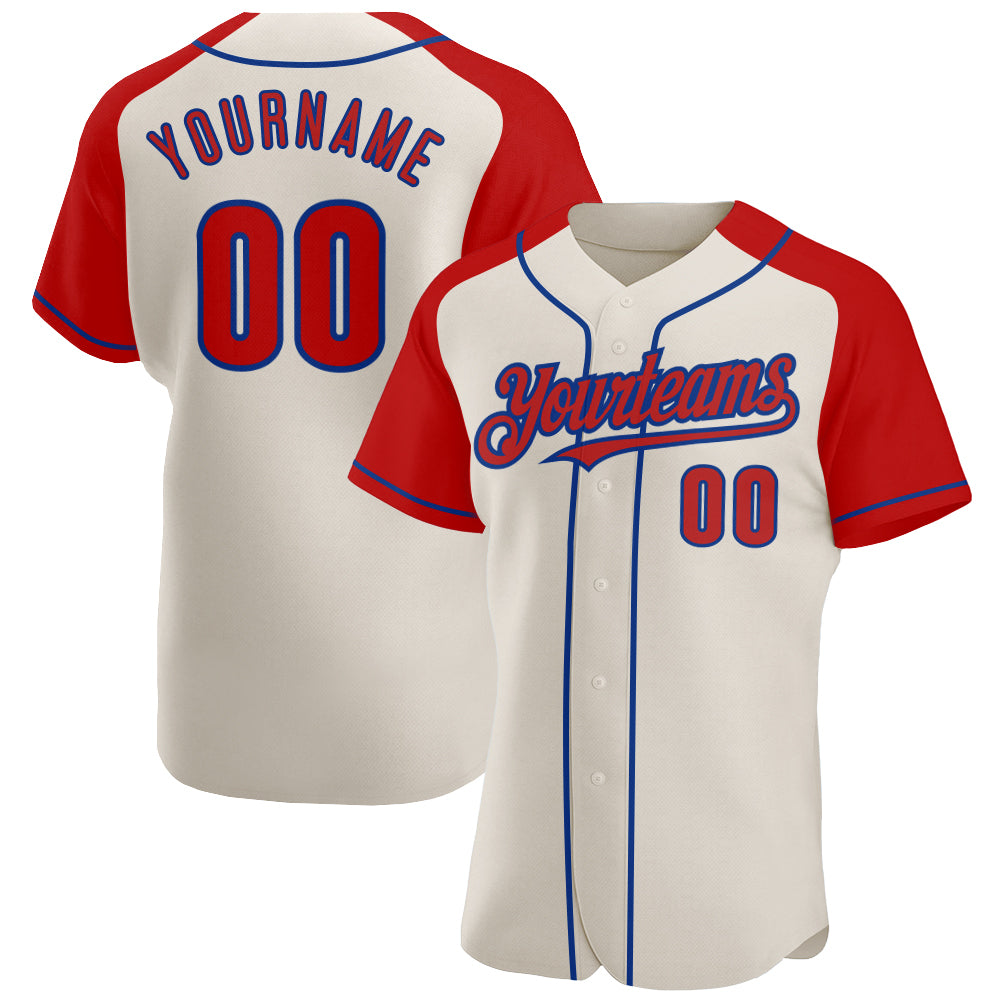 Personalized Red-Royal Baseball Jersey with Cream Raglan Sleeves Personalized Cream Red-Royal Raglan Sleeves Baseball Jersey