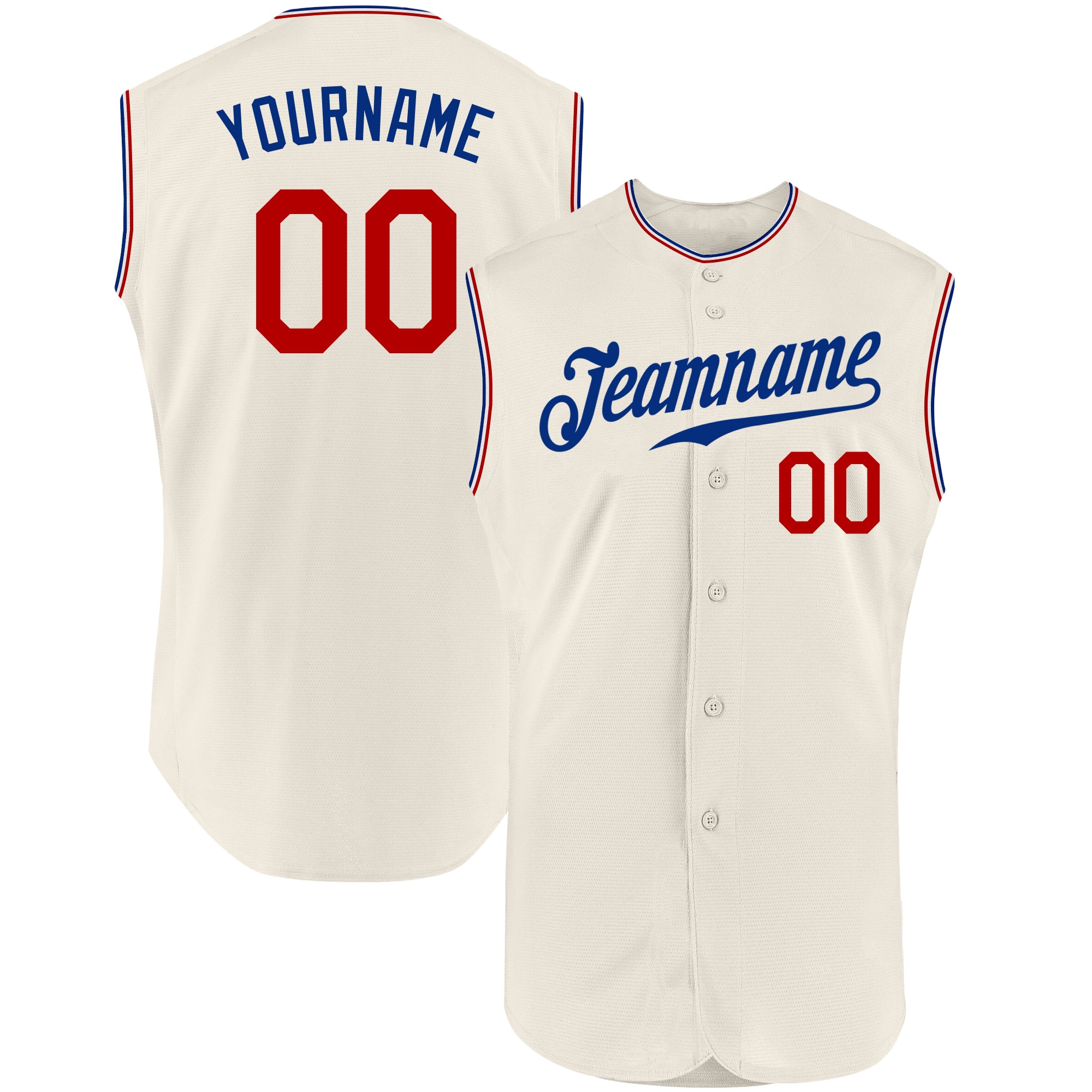Personalized Red-Royal Baseball Jersey for Men - Sleeveless Cream Custom Team Apparel Personalized Cream Red-Royal Sleeveless