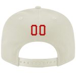 Custom cream, red and royal snapback hat, detail of the printed panel