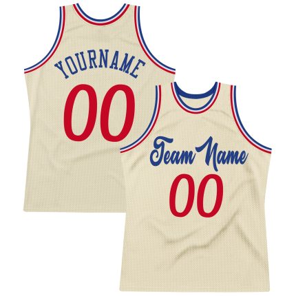 Personalized Red-Royal Throwback Basketball Jersey - Custom Cream Color Jersey Personalized Cream Red-Royal Throwback Basketball