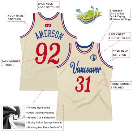 Personalized Red-Royal Throwback Basketball Jersey - Custom Cream Color Jersey Personalized Cream Red-Royal Throwback Basketball