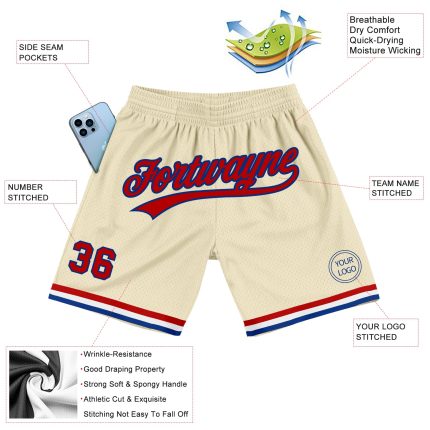 Personalized Red-Royal Cream Throwback Basketball Shorts for Men and Women Personalized Cream Red-Royal Throwback Basketball