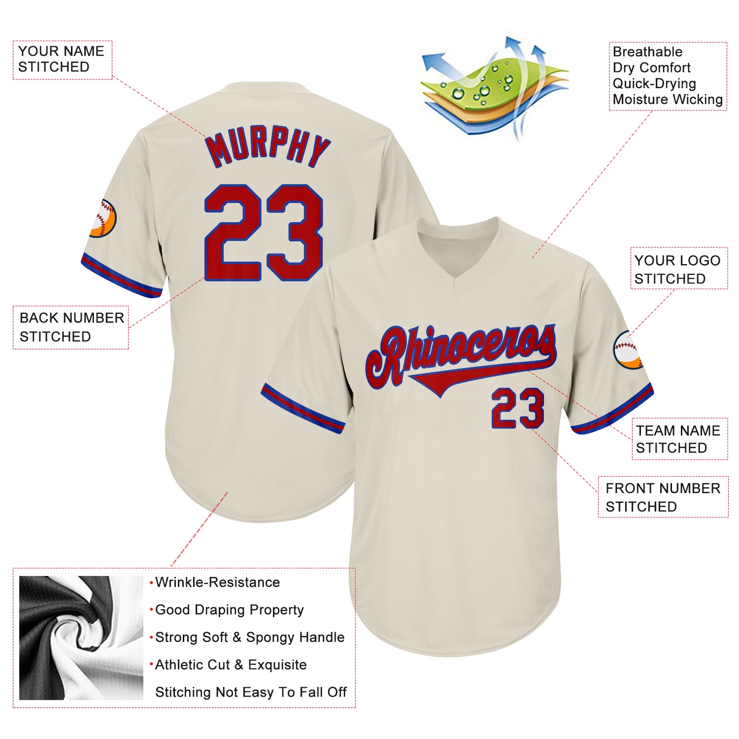 Custom Red-Royal Rib-Knit Baseball Jersey Shirt - Personalized Throwback Design Personalized Cream Red-Royal Throwback Rib-Knit - Image 4