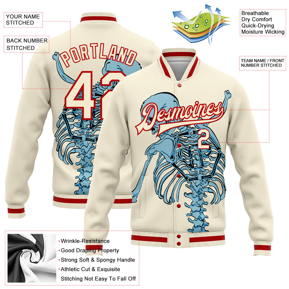 Personalized 3D Skull Cream Red Varsity Bomber Jacket Full-Snap Fashion Letterman Personalized Cream Red Skull Fashion 3D - Image 5