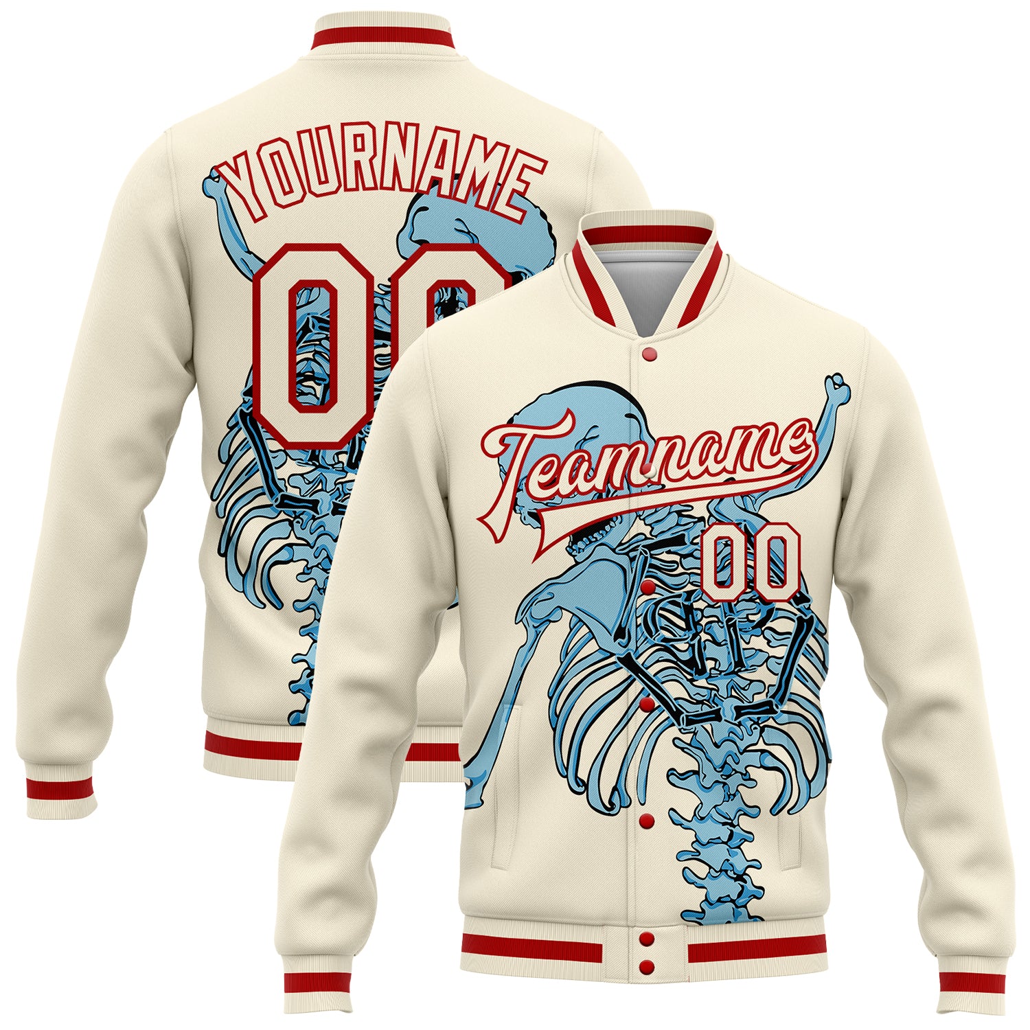 Custom Name and Number Personalized 3D Skull Varsity Letterman Jacket - Cream Red Bomber Fashion Jacket Personalized Cream