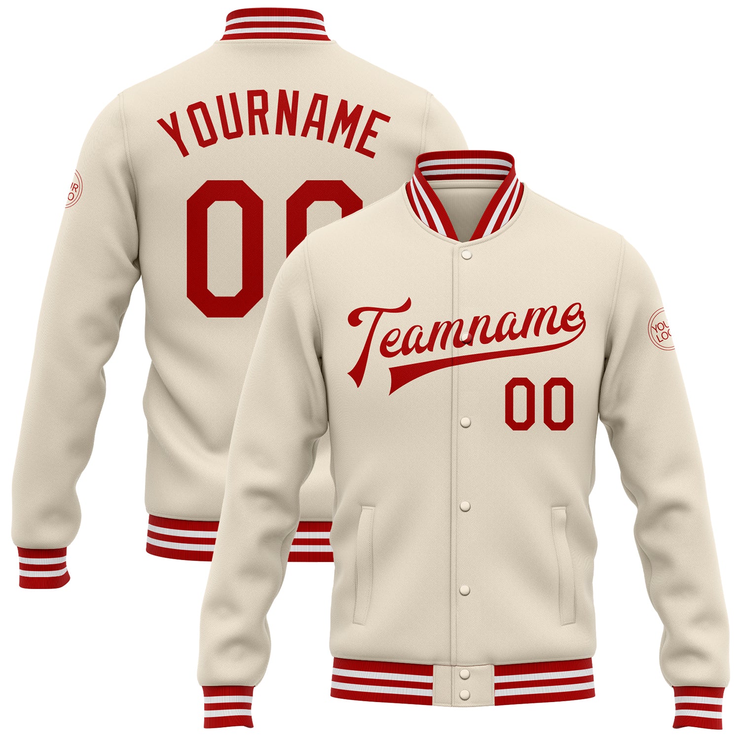 Custom Name and Number Varsity Letterman Jacket Red-White Bomber Cream Full-Snap Design Personalized Cream Red-White Bomber