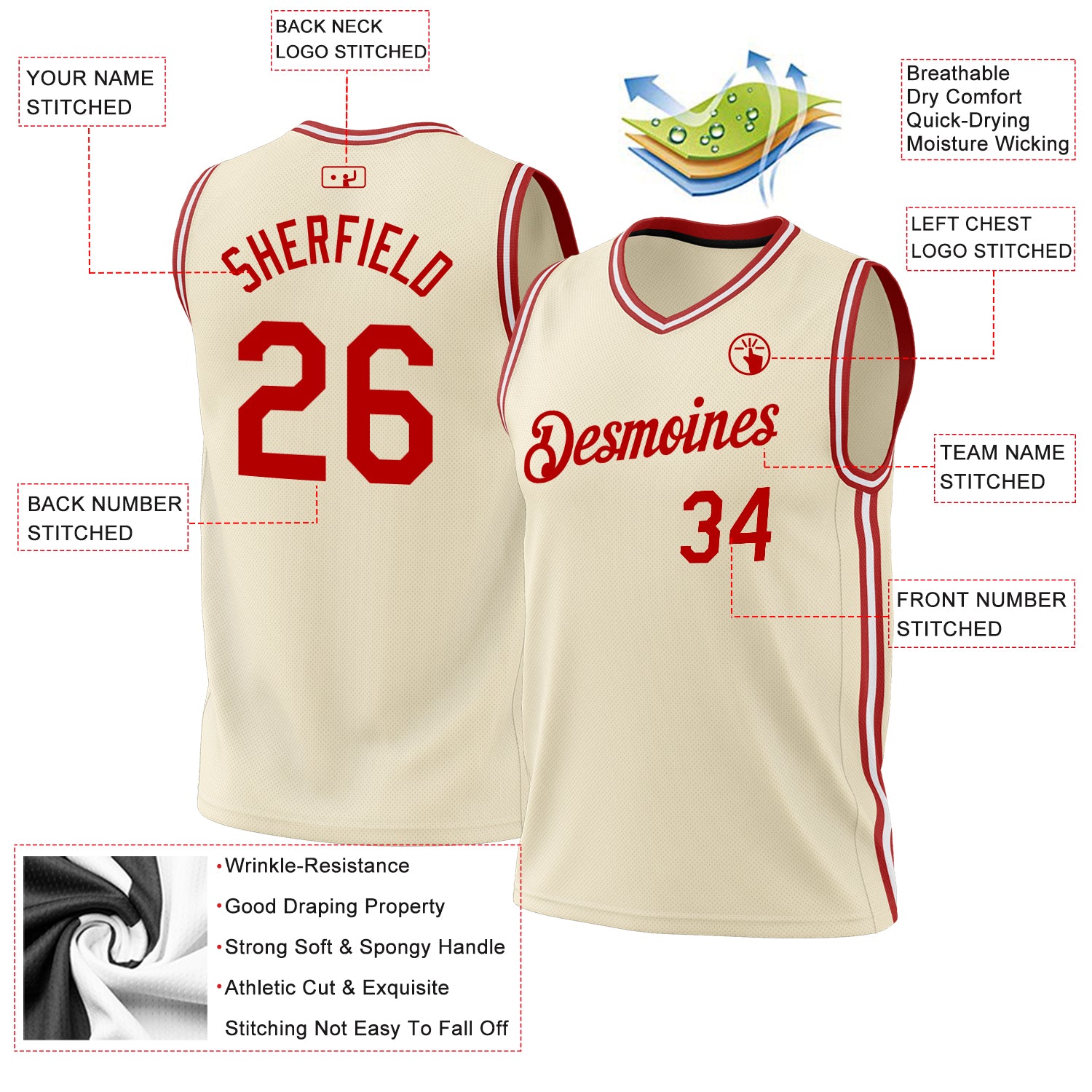 Personalized Red White Cream Basketball Jersey for Throwback Style 2 Personalized Cream Red-White Throwback Basketball Jersey - Image 3