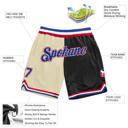 Personalized Cream Black Basketball Shorts | Fashion Split Design for Ultimate Style Personalized Cream Royal-Black Throwback