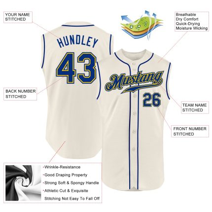 Custom Name and Number Personalized Cream and Royal-Gold Sleeveless Baseball Jersey Personalized Cream Royal-Gold Authentic