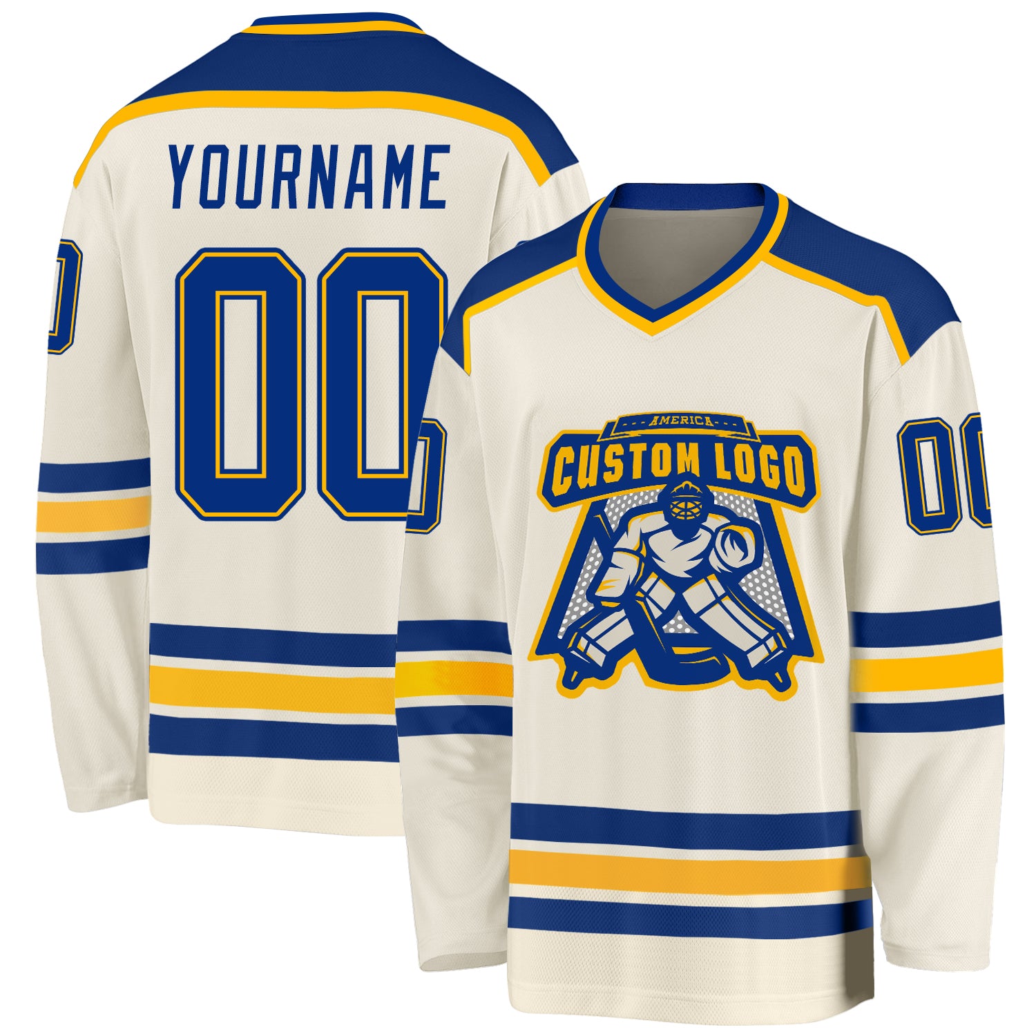 Personalized Royal Gold Hockey Jersey - Customizable Ice Hockey Uniform Personalized Cream Royal-Gold Hockey Jersey