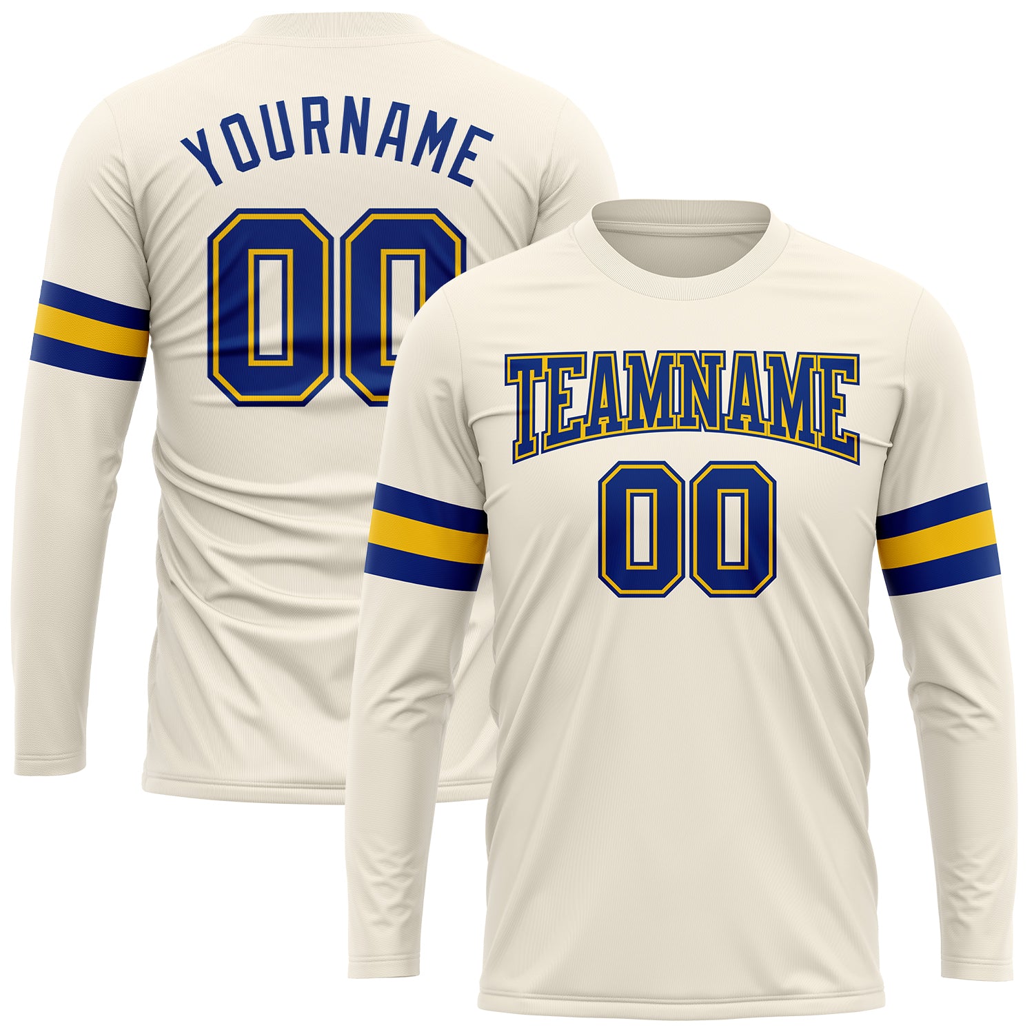Custom Name and Number Performance T-Shirt in Cream Royal-Gold Long Sleeve Design Personalized Cream Royal-Gold Long Sleeve