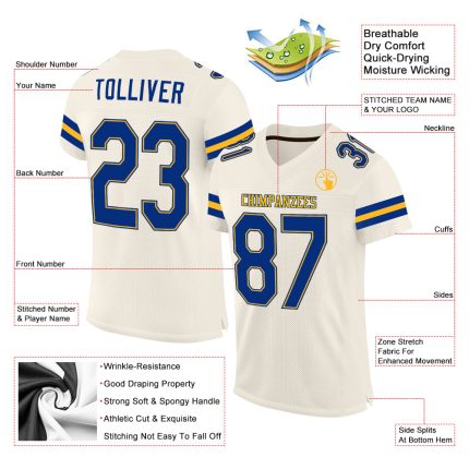 Custom Name Number Authentic Football Jersey - Personalized Cream Royal-Gold Mesh Team Jersey Personalized Cream Royal-Gold