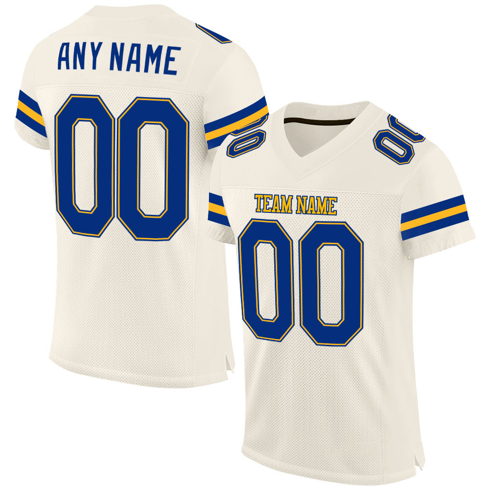 Custom Cream and Gold Football Jersey - Personalized Royal Mesh Sportswear Personalized Cream Royal-Gold Mesh Football Jersey