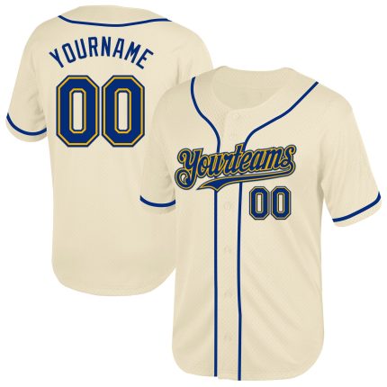 Personalized Cream Royal Gold Baseball Jersey - Throwback Mesh Style Personalized Cream Royal-Gold Mesh Throwback Baseball