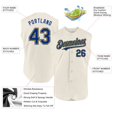 Custom Cream Royal Gold Sleeveless Baseball Jersey for Men and Women Personalized Cream Royal-Gold Sleeveless Baseball Jersey