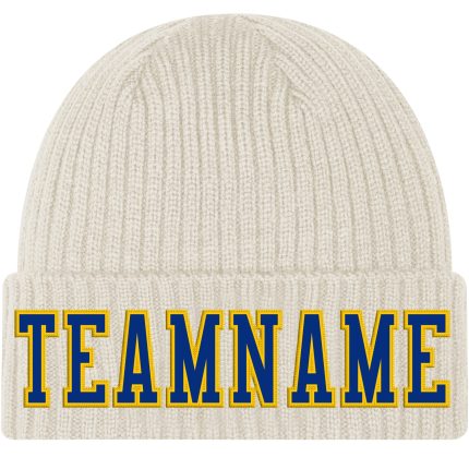 Custom Name and Number Personalized Royal-Gold Cuffed Knit Hat with Cream Stitching Personalized Cream Royal-Gold Stitched