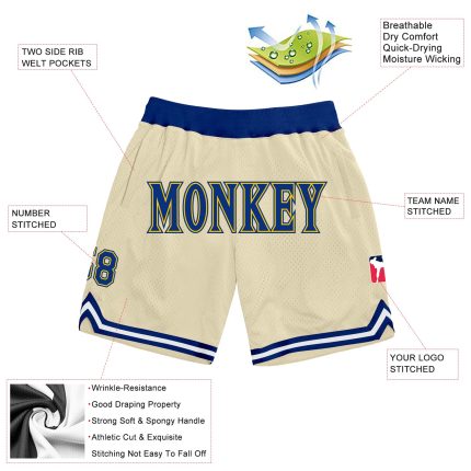 Personalized Cream Royal Gold Basketball Shorts for Men - Throwback Style Personalized Cream Royal-Gold Throwback Basketball