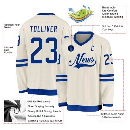 Personalized Royal Hockey Jersey - Customizable Cream Team Sportswear Personalized Cream Royal Hockey Jersey