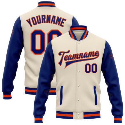 Personalized Royal-Orange Bomber Varsity Letterman Two Tone Jacket Full-Snap Personalized Cream Royal-Orange Bomber Full-Snap