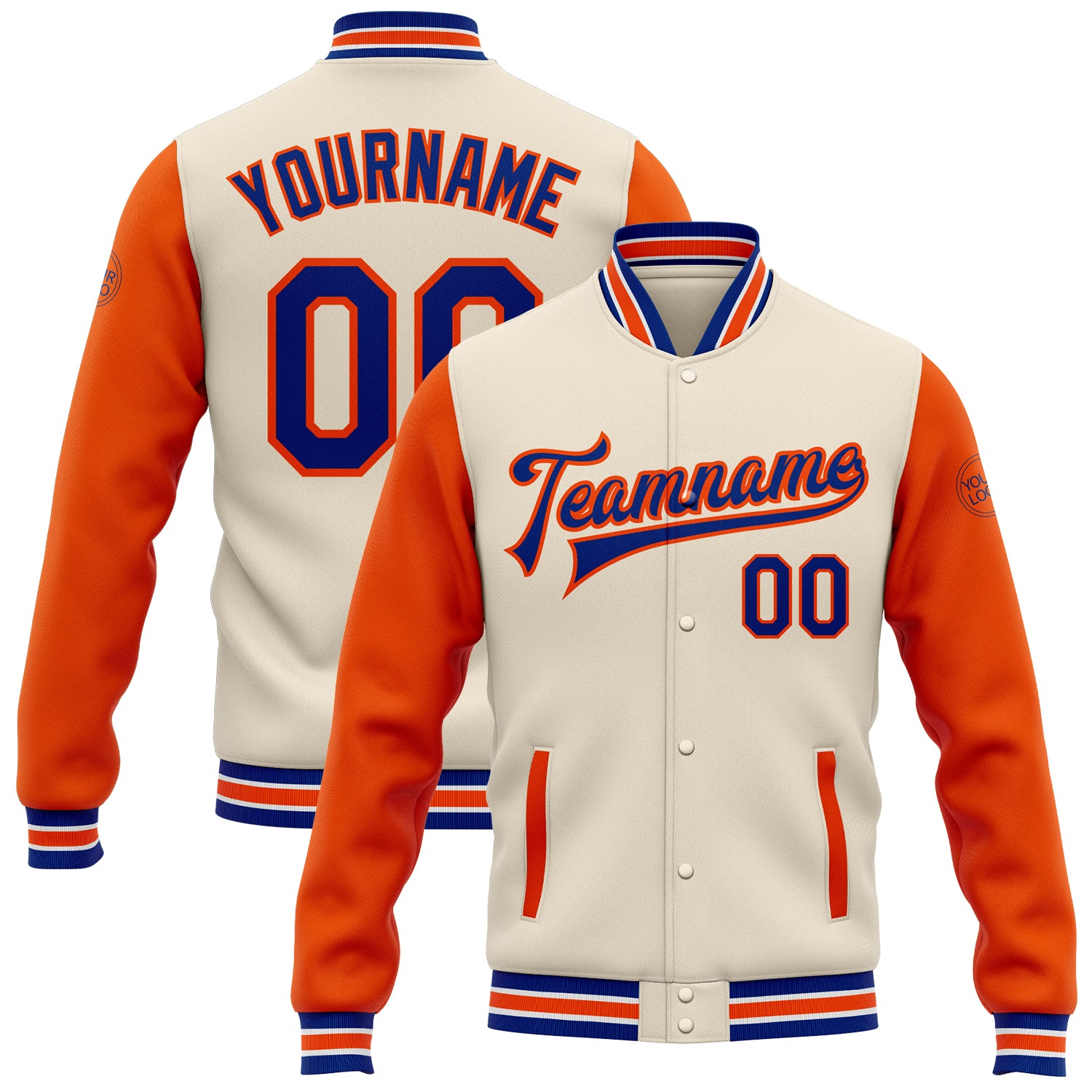 Personalized Royal Orange Bomber Varsity Letterman Two Tone Full-Snap Jacket Personalized Cream Royal-Orange Bomber Full-Snap