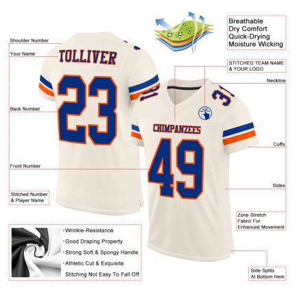Custom Name and Number Football Jersey - Personalized Royal-Orange Mesh Authentic Team Jersey Personalized Cream Royal-Orange