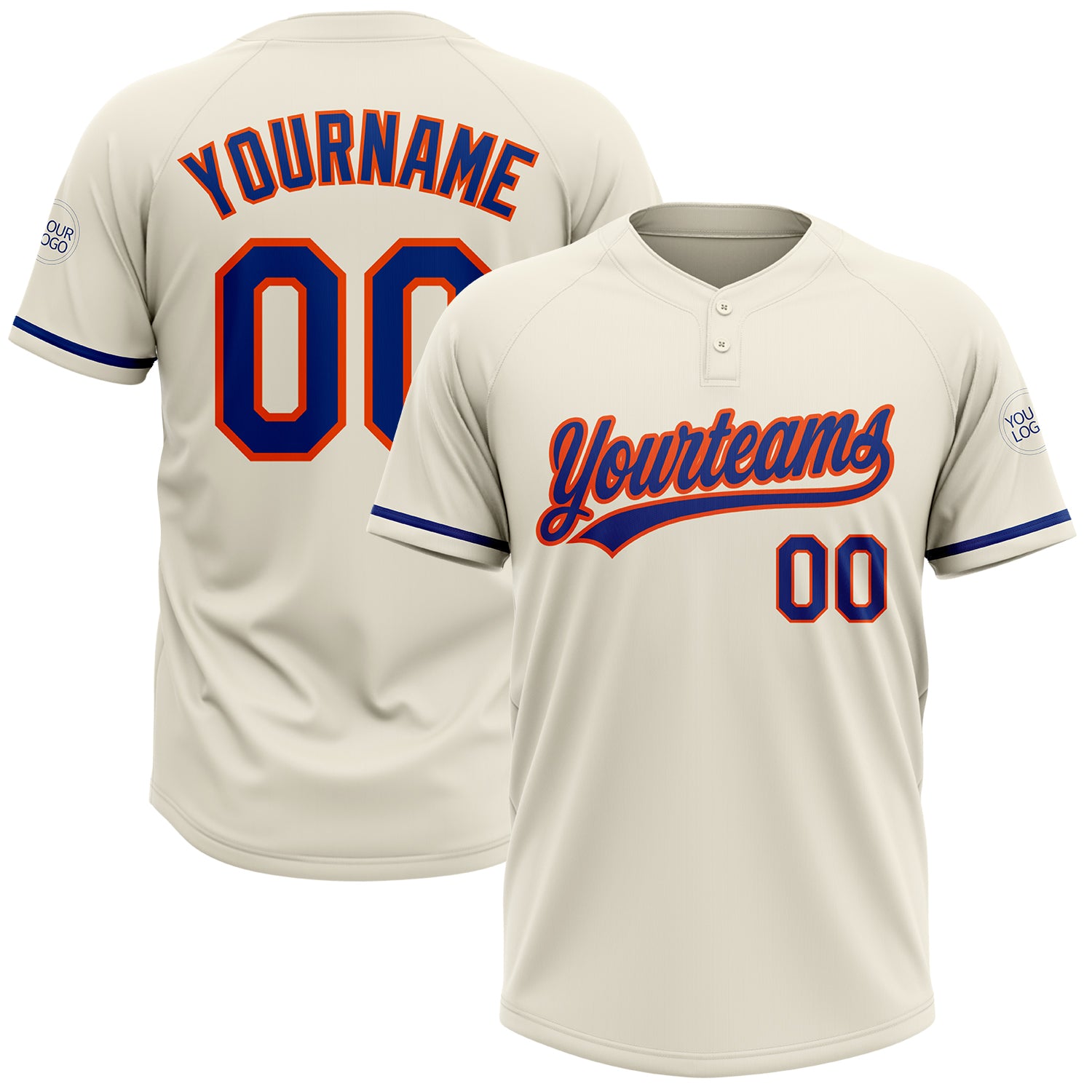Personalized Royal-Orange Unisex Softball Jersey - Two-Button Design, Cream Color Personalized Cream Royal-Orange Two-Button
