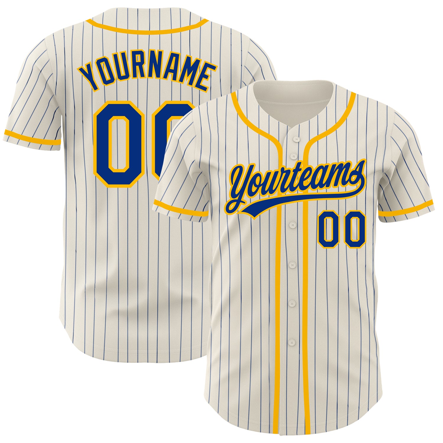 Personalized Gold Baseball Jersey with Cream Royal Pinstripe Design Personalized Cream Royal Pinstripe Gold Baseball Jersey