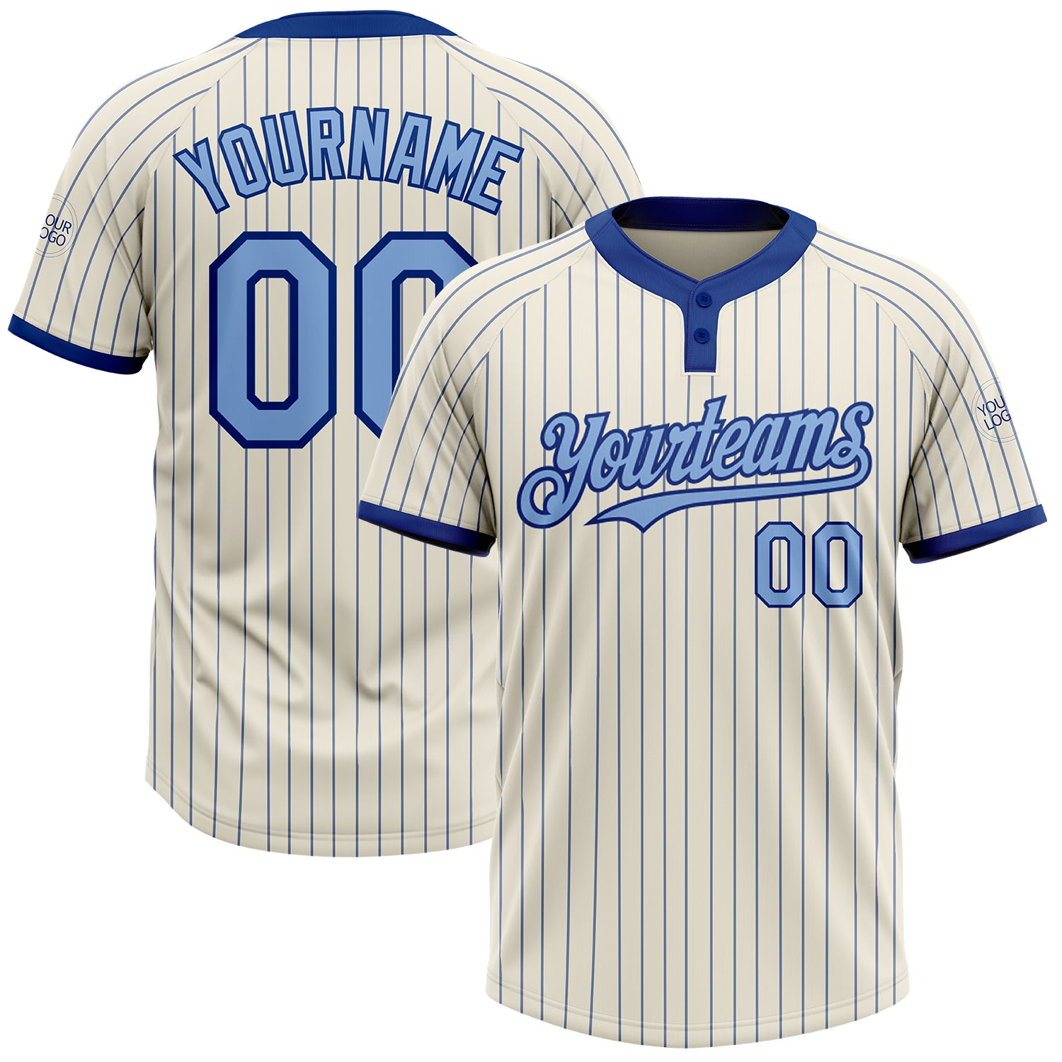 Personalized Light Blue Two-Button Unisex Softball Jersey - Cream Royal Pinstripe Design Personalized Cream Royal Pinstripe