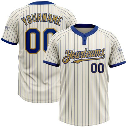 Personalized Cream Old Gold Two-Button Unisex Softball Jersey with Royal Pinstripe Design Personalized Cream Royal Pinstripe