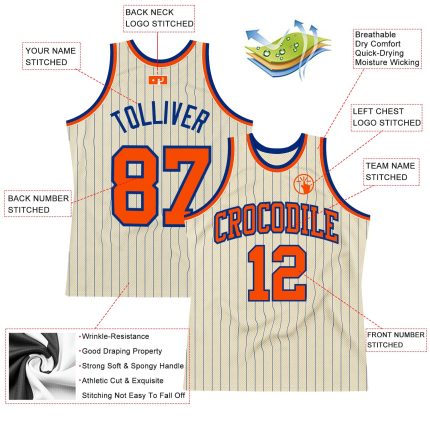 Personalized Orange Basketball Jersey with Cream Royal Pinstripe Design Personalized Cream Royal Pinstripe Orange Basketball