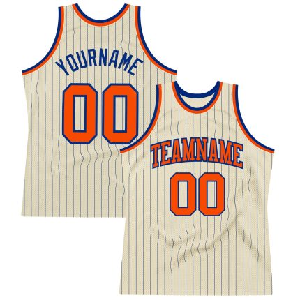 Personalized Orange Basketball Jersey with Cream Royal Pinstripe Design Personalized Cream Royal Pinstripe Orange Basketball