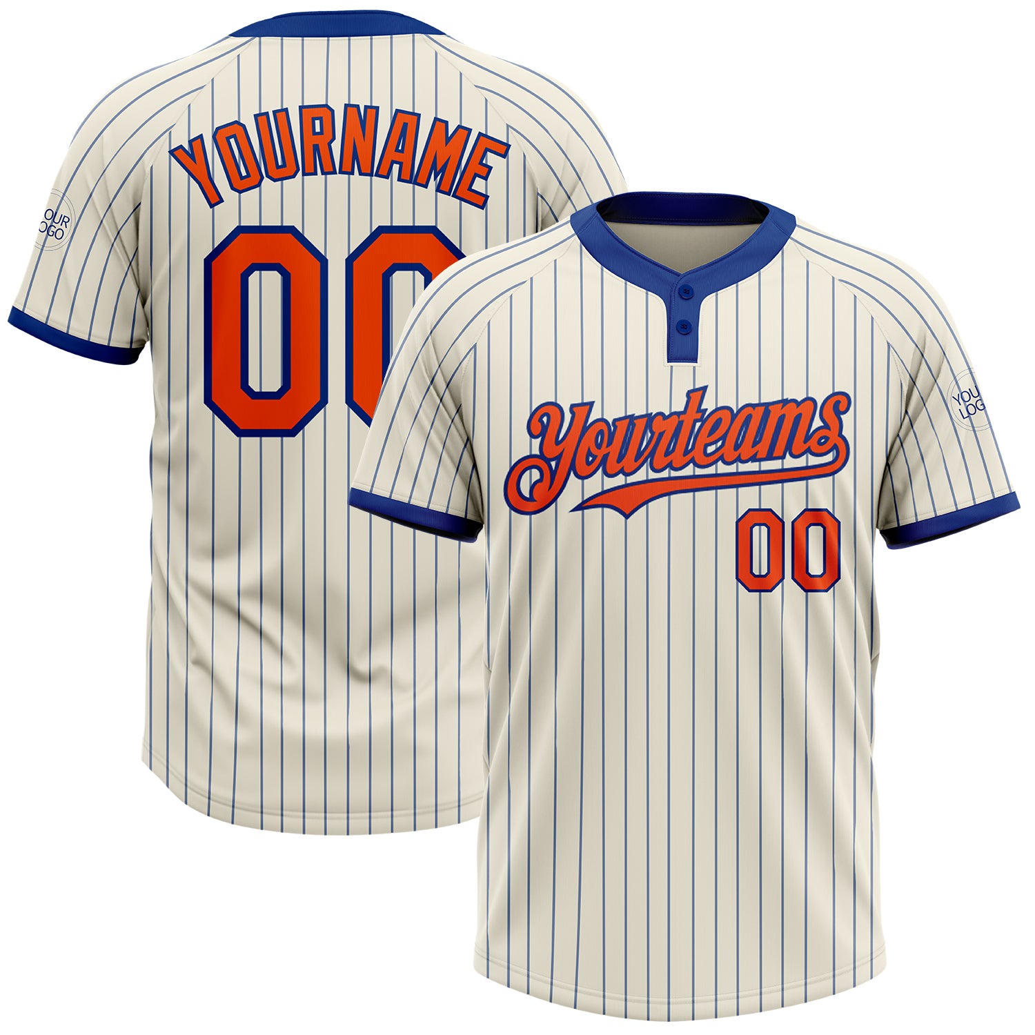 Personalized Orange Two-Button Softball Jersey Unisex Cream Royal Pinstripe Personalized Cream Royal Pinstripe Orange Two-Button